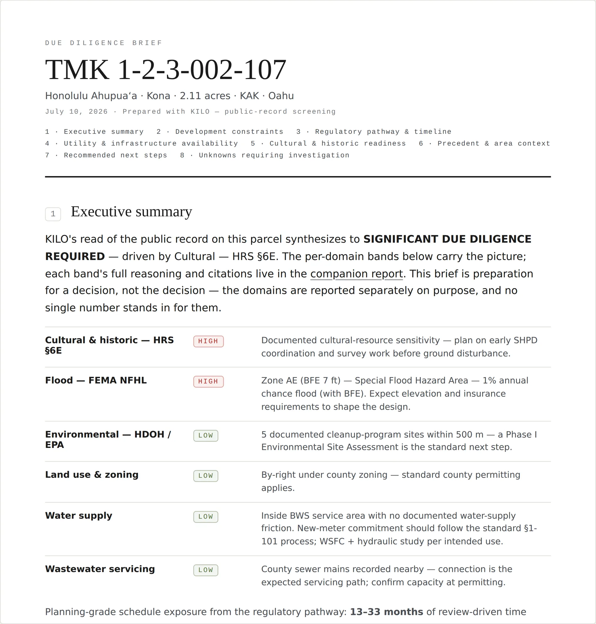 A KILO Due Diligence Brief for TMK 1-2-3-002-107: a letterhead with the parcel's ahupuaʻa, moku, and acreage and a 'Prepared with KILO — public-record screening' line; an eight-section table of contents; and an executive summary whose per-domain band rows — Cultural & historic HRS §6E (HIGH), Flood FEMA NFHL (HIGH), Environmental HDOH/EPA (LOW), Land use & zoning (LOW), Water supply (LOW), Wastewater servicing (LOW) — each carry a one-line readiness note, above a planning-grade schedule-exposure line of 13–33 months.