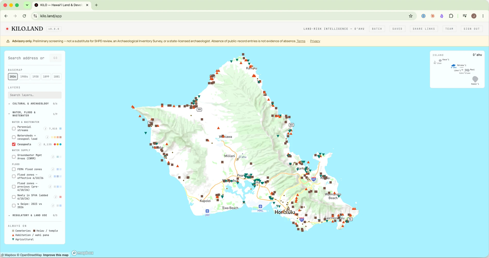 The KILO app map of Oʻahu: a layers panel on the left (cultural & archaeology, water/flood/wastewater with cesspools toggled on, regulatory & land use), and cultural, cemetery, heiau, habitation, and agricultural site markers across the whole island.